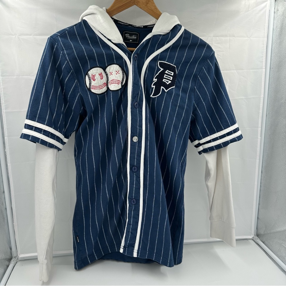 Primitive Skateboarding Baseball Jersey Hoodie Layered Pinstripe Patches SM